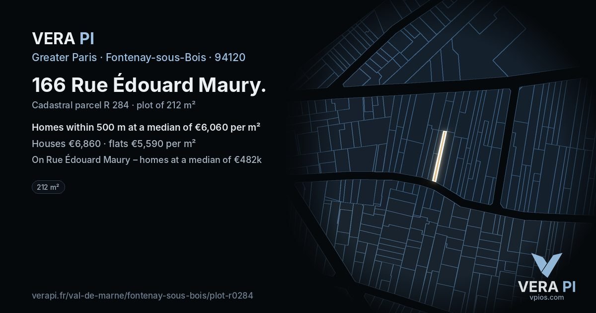 166 Rue Édouard Maury, Fontenay-sous-Bois at night – the plot lit, the parcels around coloured by the prices near them
