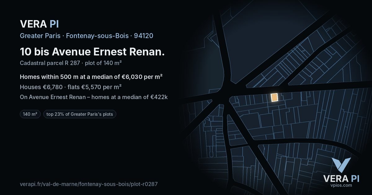 10 bis Avenue Ernest Renan, Fontenay-sous-Bois at night – the plot lit, the parcels around coloured by the prices near them