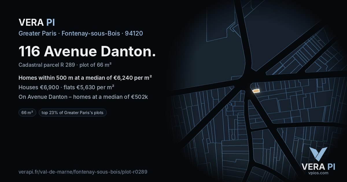116 Avenue Danton, Fontenay-sous-Bois at night – the plot lit, the parcels around coloured by the prices near them