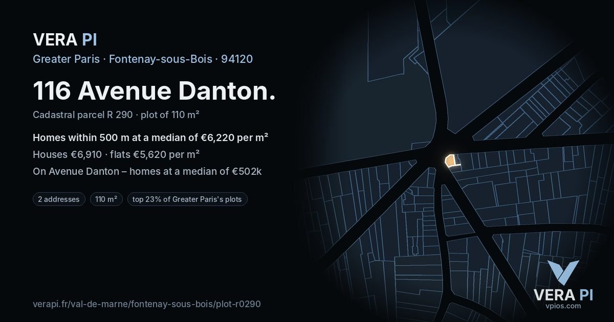 116 Avenue Danton, Fontenay-sous-Bois at night – the plot lit, the parcels around coloured by the prices near them