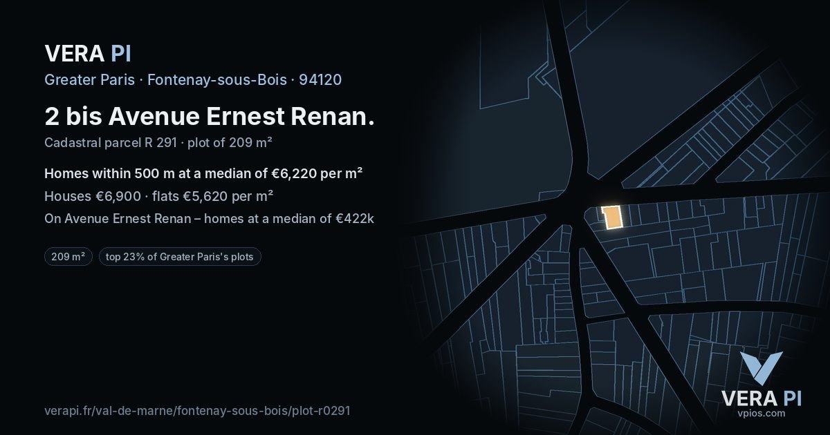 2 bis Avenue Ernest Renan, Fontenay-sous-Bois at night – the plot lit, the parcels around coloured by the prices near them