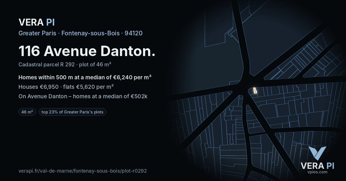 116 Avenue Danton, Fontenay-sous-Bois at night – the plot lit, the parcels around coloured by the prices near them