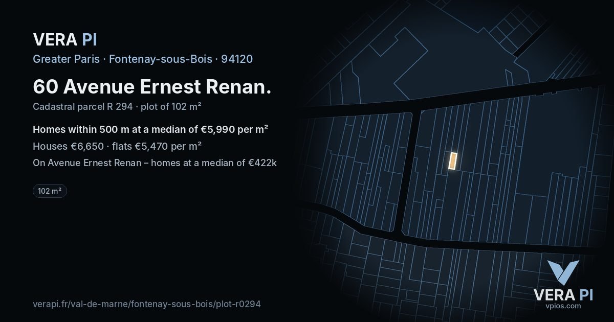 60 Avenue Ernest Renan, Fontenay-sous-Bois at night – the plot lit, the parcels around coloured by the prices near them