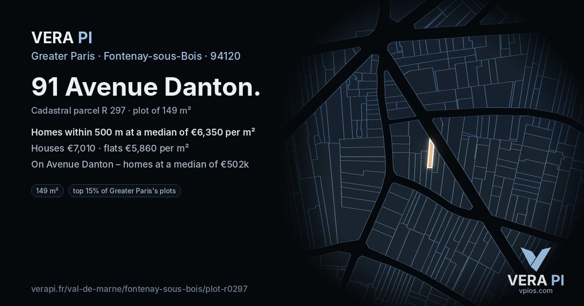 91 Avenue Danton, Fontenay-sous-Bois at night – the plot lit, the parcels around coloured by the prices near them