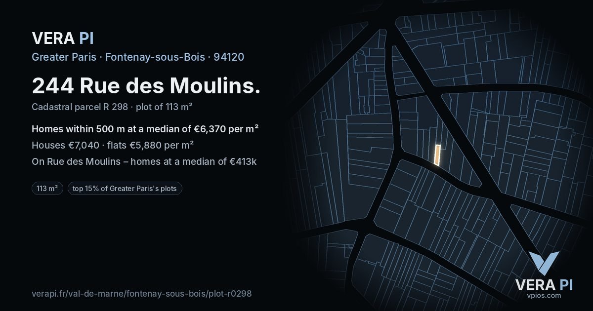 244 Rue des Moulins, Fontenay-sous-Bois at night – the plot lit, the parcels around coloured by the prices near them