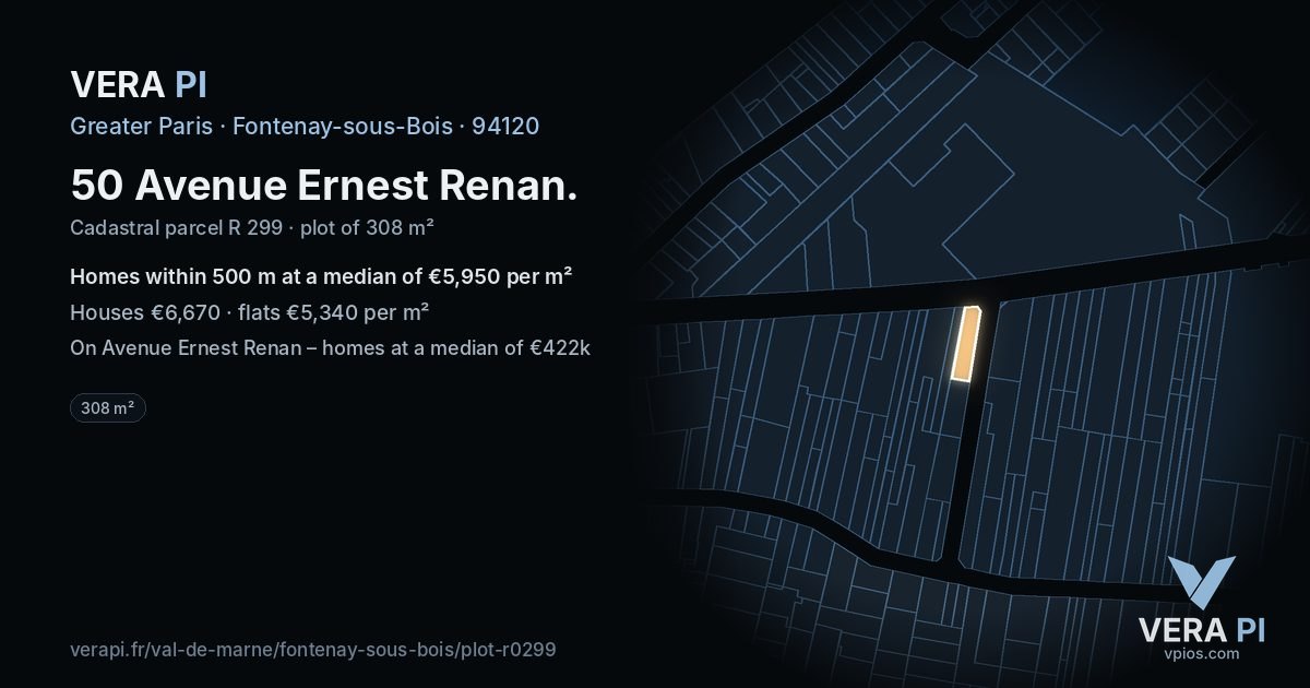 50 Avenue Ernest Renan, Fontenay-sous-Bois at night – the plot lit, the parcels around coloured by the prices near them