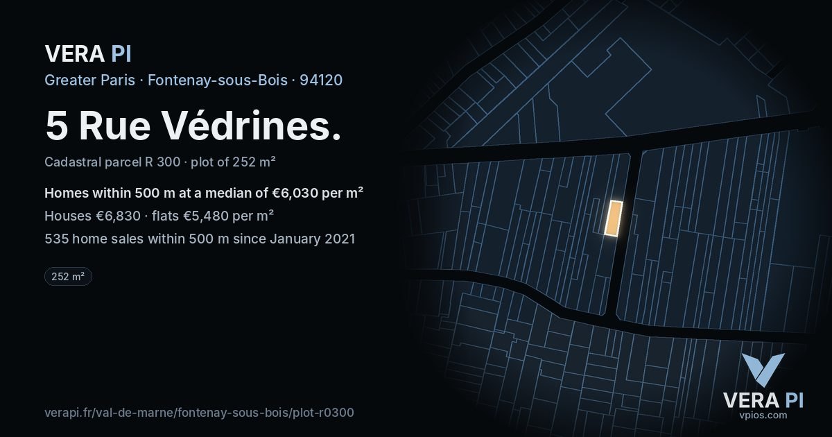 5 Rue Védrines, Fontenay-sous-Bois at night – the plot lit, the parcels around coloured by the prices near them