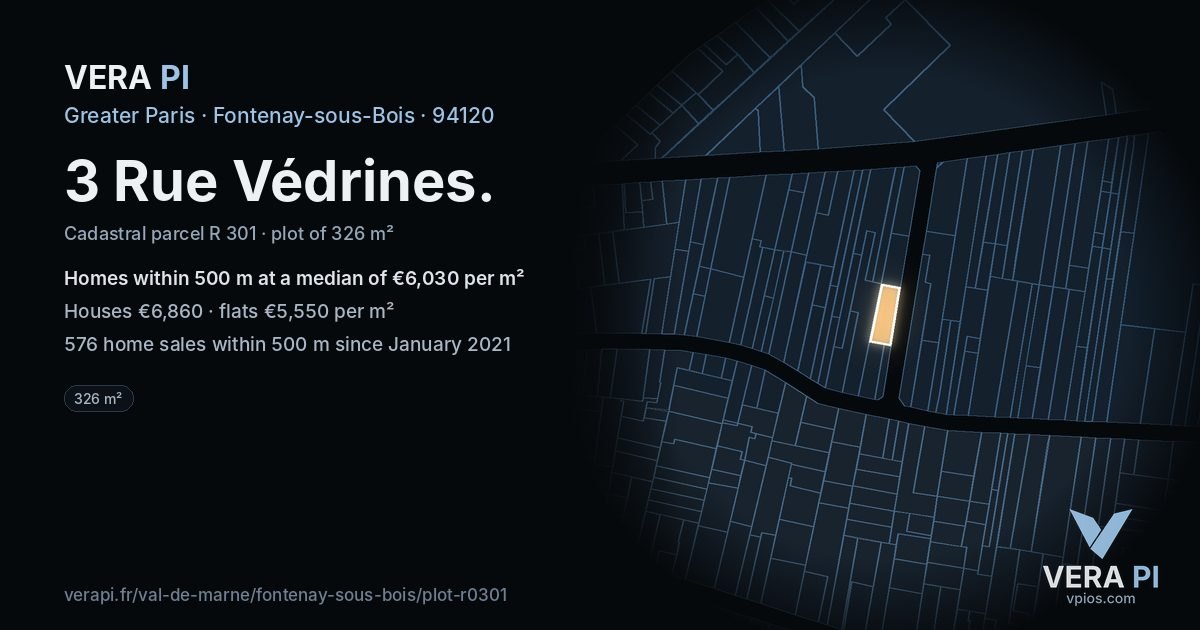 3 Rue Védrines, Fontenay-sous-Bois at night – the plot lit, the parcels around coloured by the prices near them