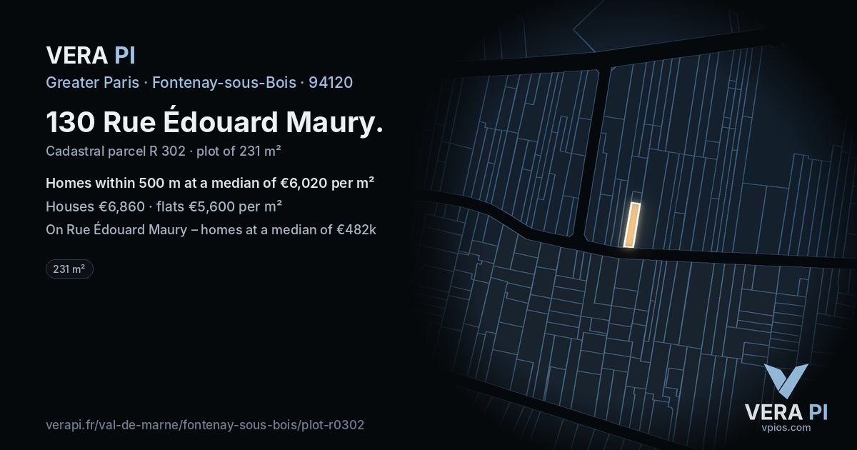 130 Rue Édouard Maury, Fontenay-sous-Bois at night – the plot lit, the parcels around coloured by the prices near them