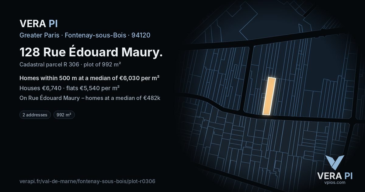 128 Rue Édouard Maury, Fontenay-sous-Bois at night – the plot lit, the parcels around coloured by the prices near them