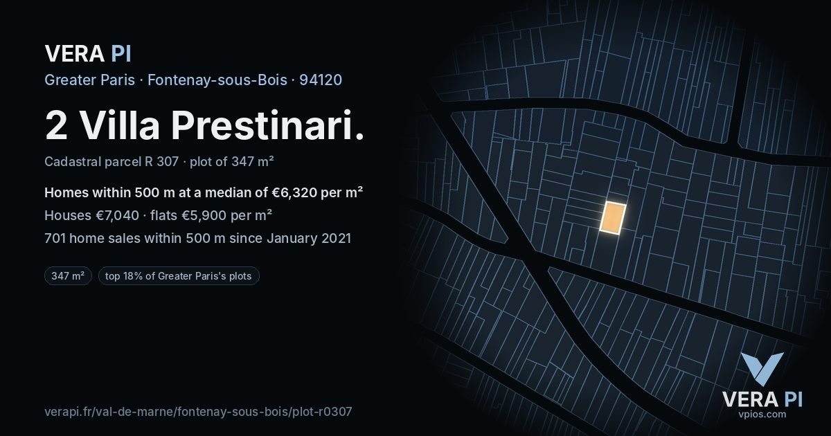 2 Villa Prestinari, Fontenay-sous-Bois at night – the plot lit, the parcels around coloured by the prices near them