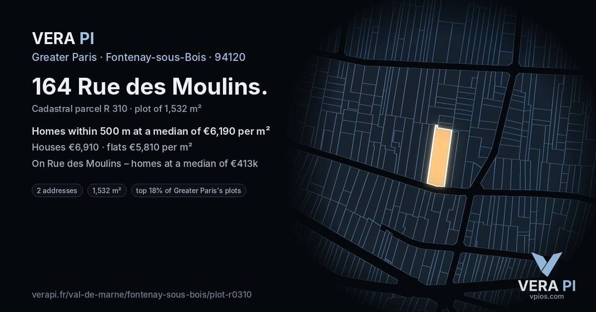164 Rue des Moulins, Fontenay-sous-Bois at night – the plot lit, the parcels around coloured by the prices near them