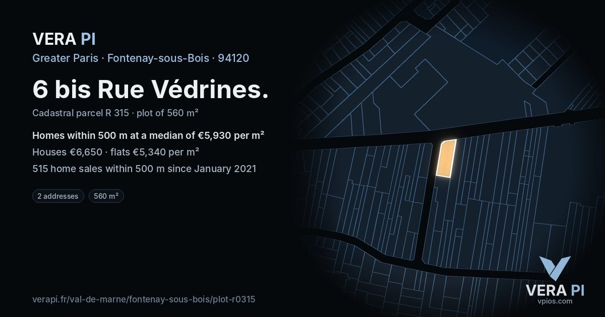6 bis Rue Védrines, Fontenay-sous-Bois at night – the plot lit, the parcels around coloured by the prices near them