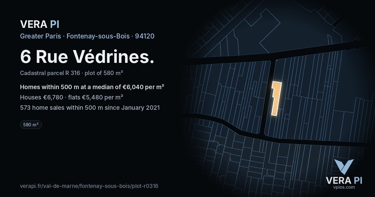 6 Rue Védrines, Fontenay-sous-Bois at night – the plot lit, the parcels around coloured by the prices near them