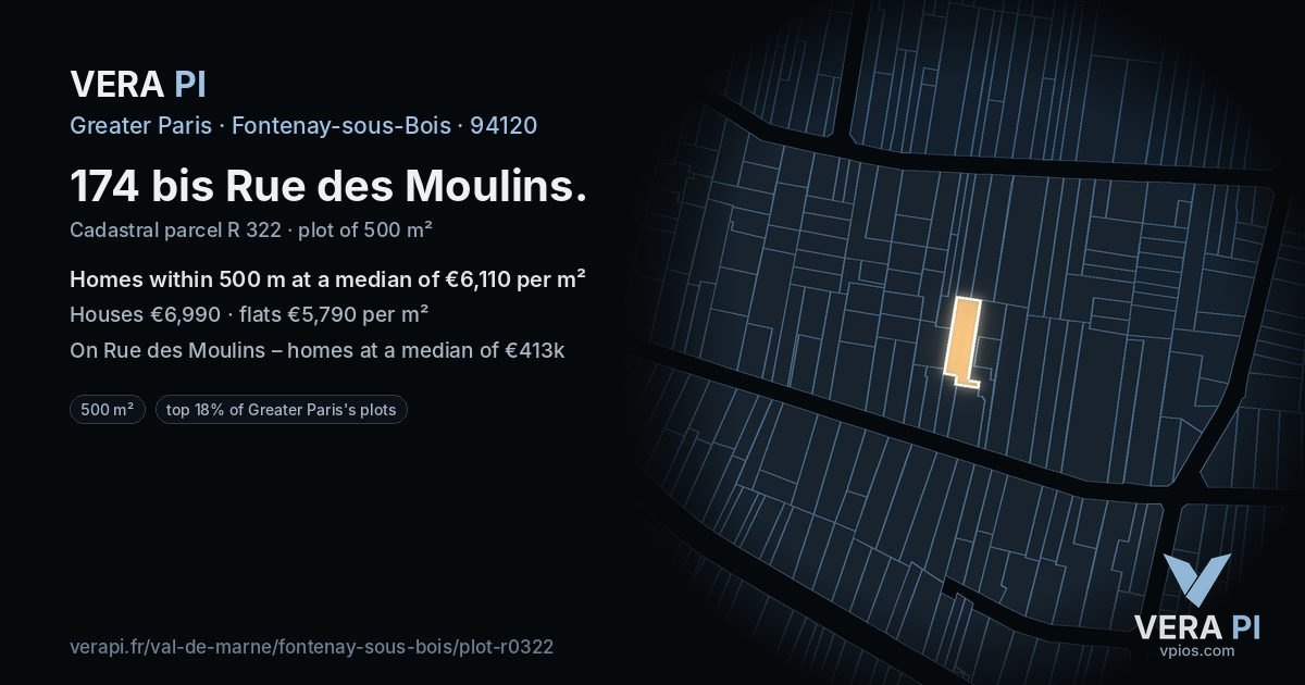 174 bis Rue des Moulins, Fontenay-sous-Bois at night – the plot lit, the parcels around coloured by the prices near them