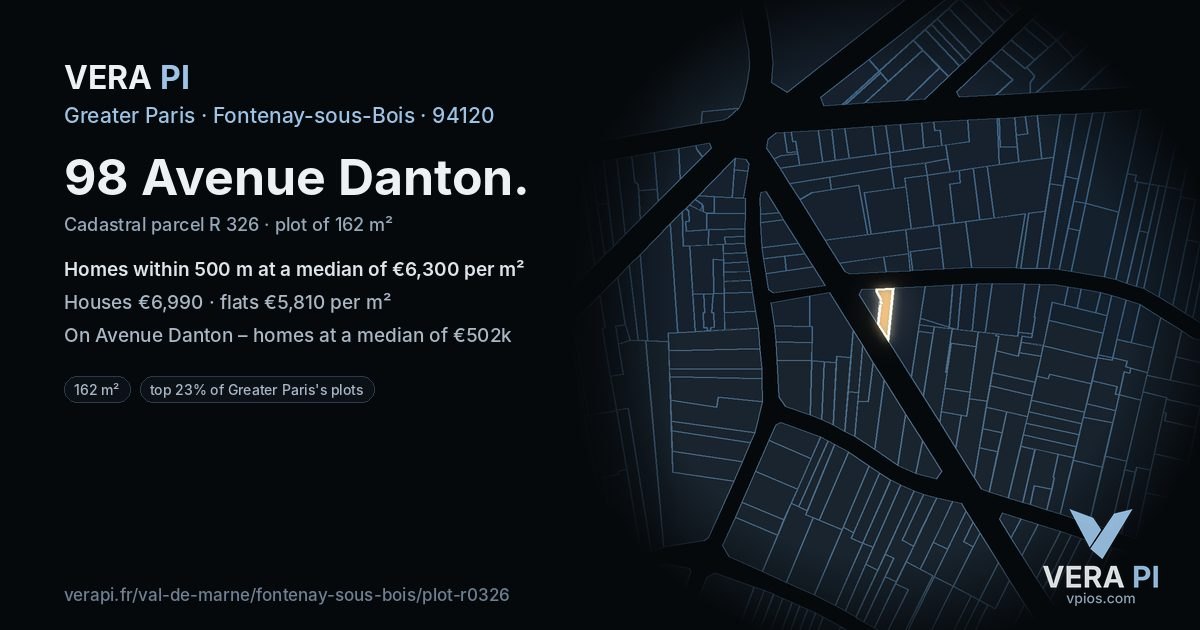 98 Avenue Danton, Fontenay-sous-Bois at night – the plot lit, the parcels around coloured by the prices near them
