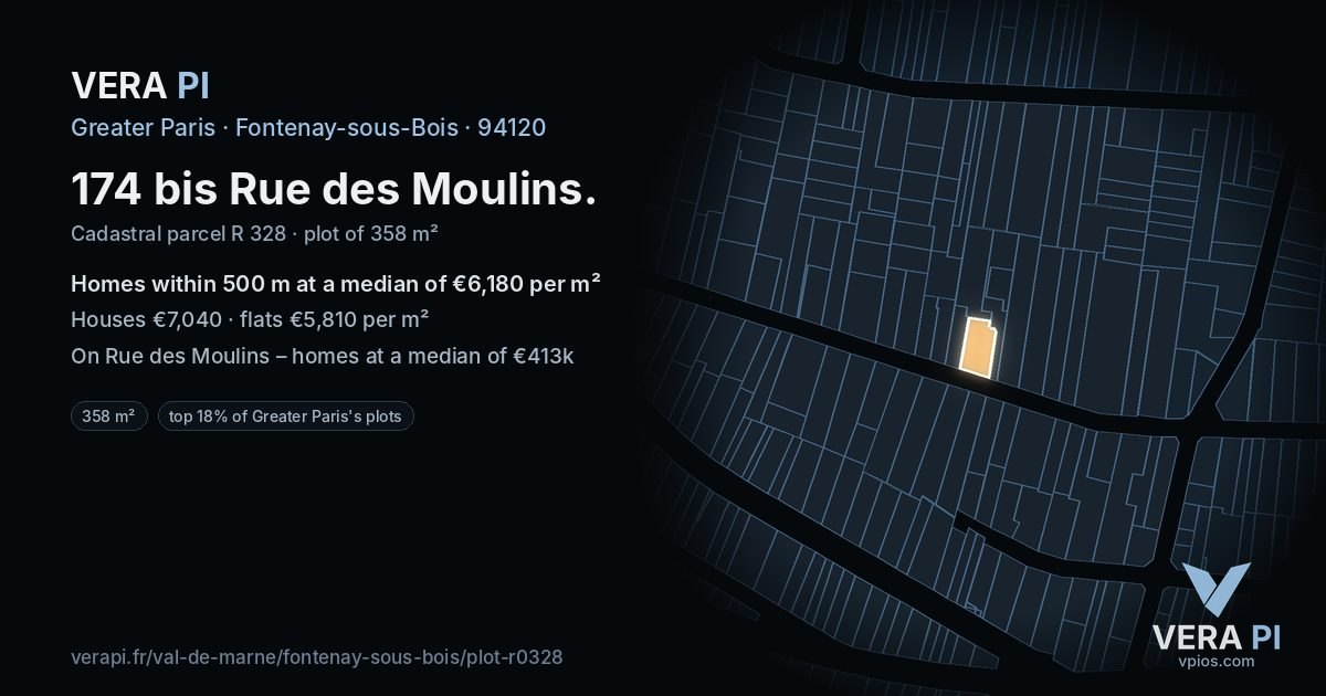 174 bis Rue des Moulins, Fontenay-sous-Bois at night – the plot lit, the parcels around coloured by the prices near them
