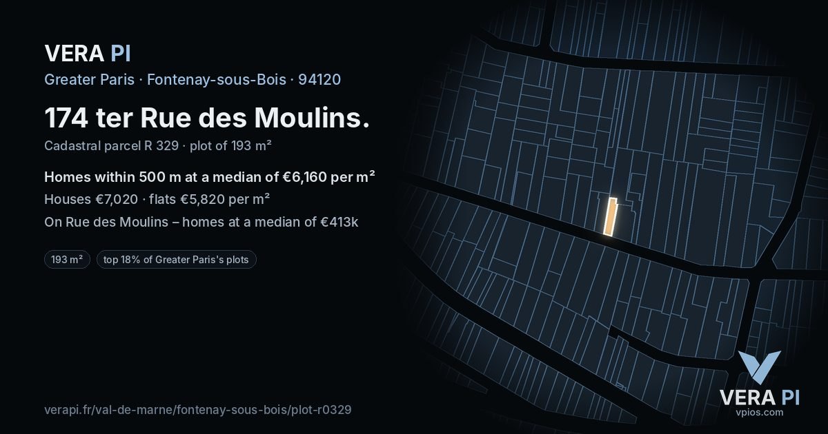 174 ter Rue des Moulins, Fontenay-sous-Bois at night – the plot lit, the parcels around coloured by the prices near them