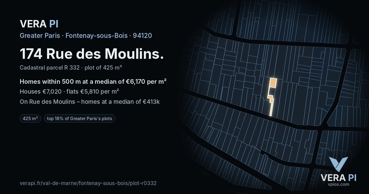 174 Rue des Moulins, Fontenay-sous-Bois at night – the plot lit, the parcels around coloured by the prices near them
