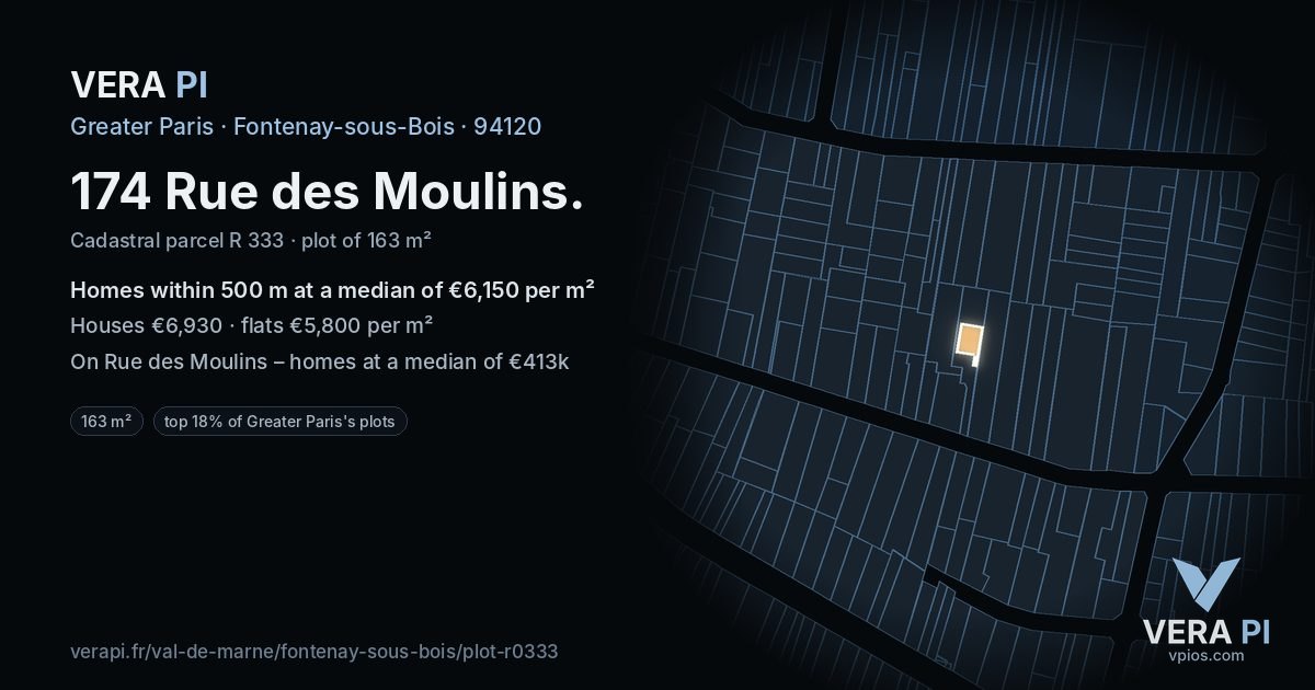 174 Rue des Moulins, Fontenay-sous-Bois at night – the plot lit, the parcels around coloured by the prices near them