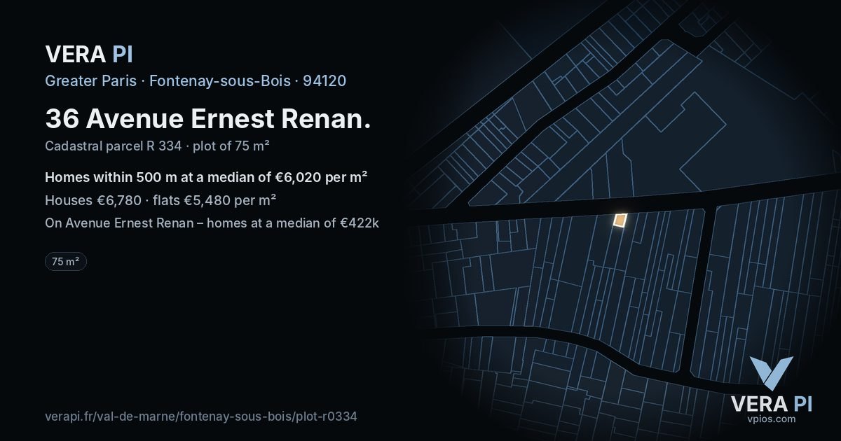 36 Avenue Ernest Renan, Fontenay-sous-Bois at night – the plot lit, the parcels around coloured by the prices near them