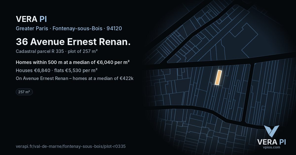 36 Avenue Ernest Renan, Fontenay-sous-Bois at night – the plot lit, the parcels around coloured by the prices near them
