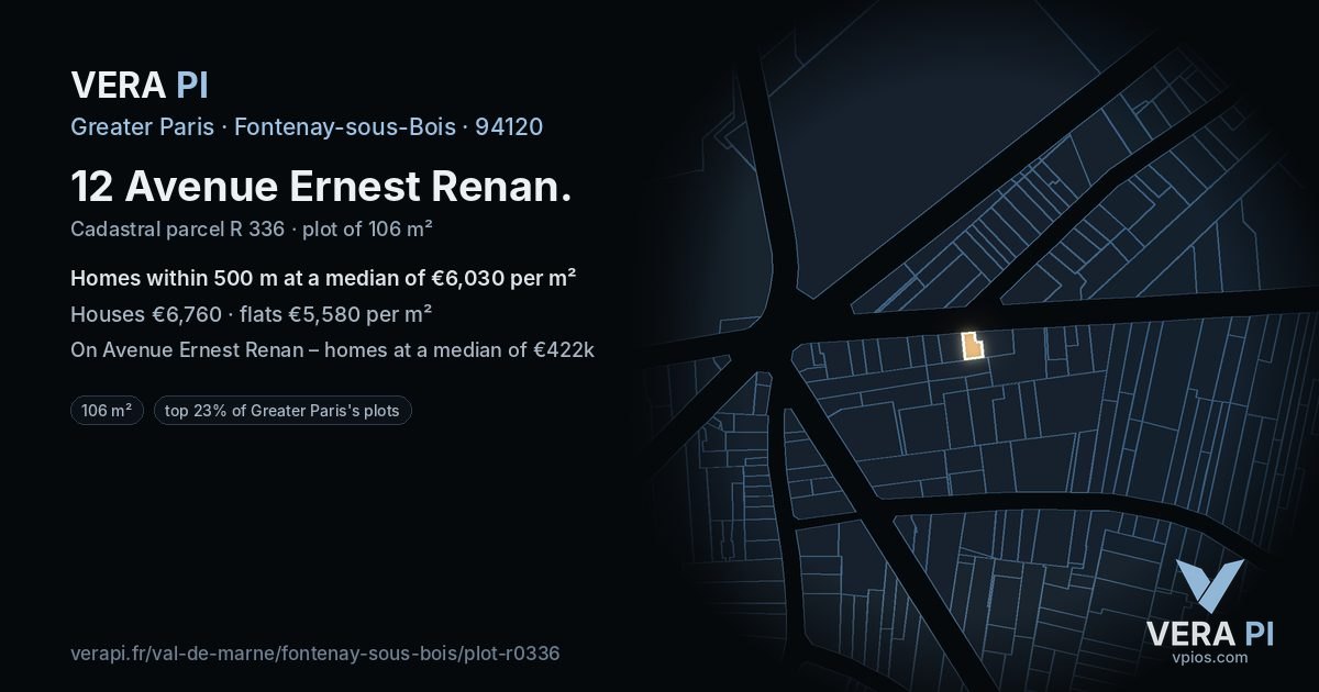 12 Avenue Ernest Renan, Fontenay-sous-Bois at night – the plot lit, the parcels around coloured by the prices near them