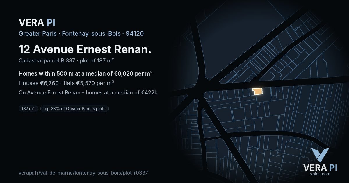 12 Avenue Ernest Renan, Fontenay-sous-Bois at night – the plot lit, the parcels around coloured by the prices near them