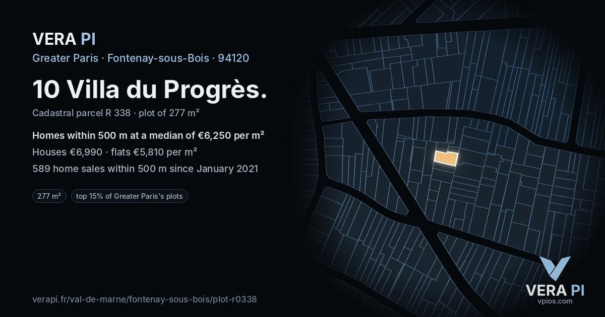 10 Villa du Progrès, Fontenay-sous-Bois at night – the plot lit, the parcels around coloured by the prices near them
