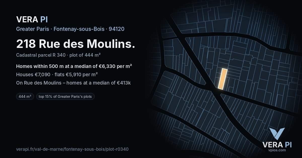 218 Rue des Moulins, Fontenay-sous-Bois at night – the plot lit, the parcels around coloured by the prices near them