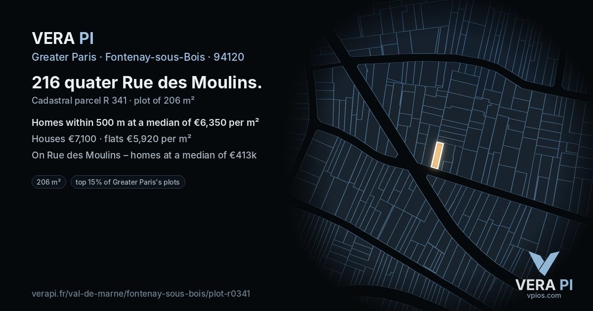 216 quater Rue des Moulins, Fontenay-sous-Bois at night – the plot lit, the parcels around coloured by the prices near them