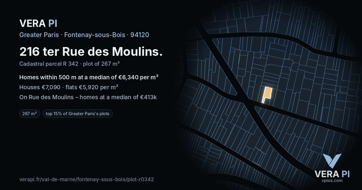216 ter Rue des Moulins, Fontenay-sous-Bois at night – the plot lit, the parcels around coloured by the prices near them