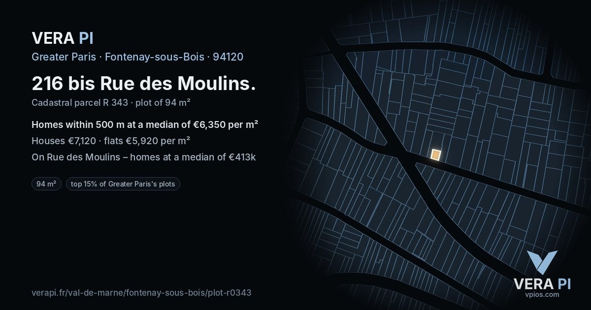 216 bis Rue des Moulins, Fontenay-sous-Bois at night – the plot lit, the parcels around coloured by the prices near them