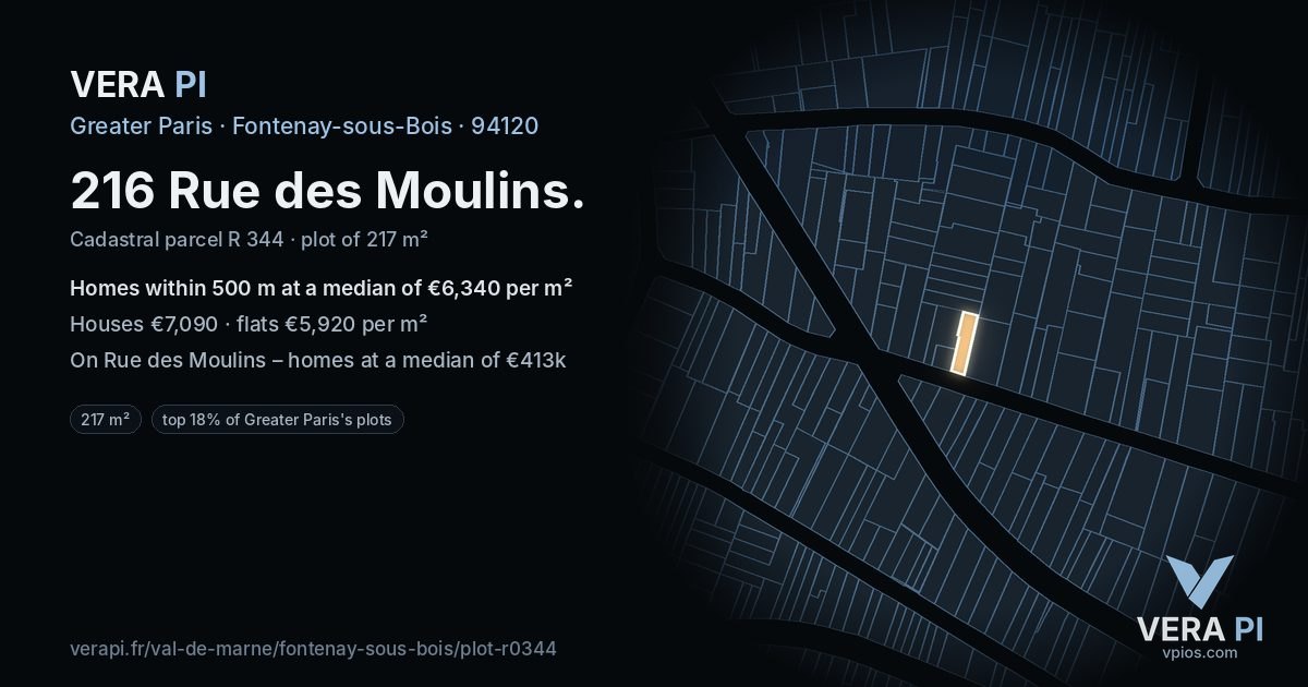 216 Rue des Moulins, Fontenay-sous-Bois at night – the plot lit, the parcels around coloured by the prices near them