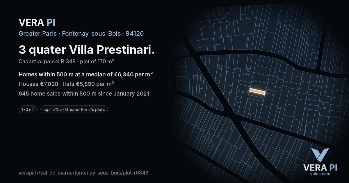 3 quater Villa Prestinari, Fontenay-sous-Bois at night – the plot lit, the parcels around coloured by the prices near them