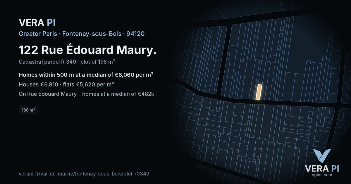 122 Rue Édouard Maury, Fontenay-sous-Bois at night – the plot lit, the parcels around coloured by the prices near them