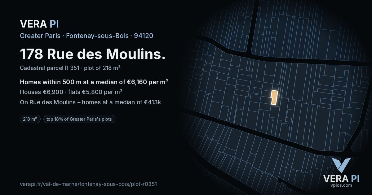 178 Rue des Moulins, Fontenay-sous-Bois at night – the plot lit, the parcels around coloured by the prices near them