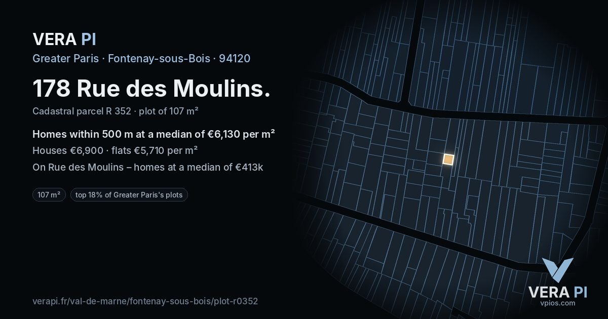 178 Rue des Moulins, Fontenay-sous-Bois at night – the plot lit, the parcels around coloured by the prices near them
