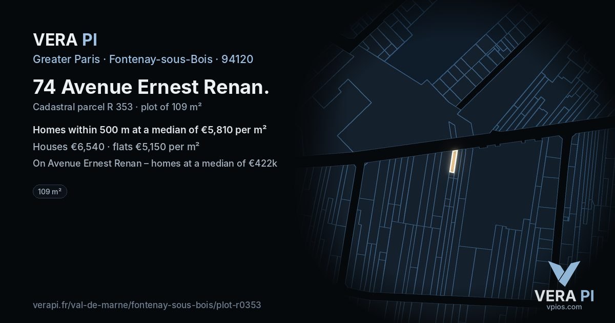 74 Avenue Ernest Renan, Fontenay-sous-Bois at night – the plot lit, the parcels around coloured by the prices near them