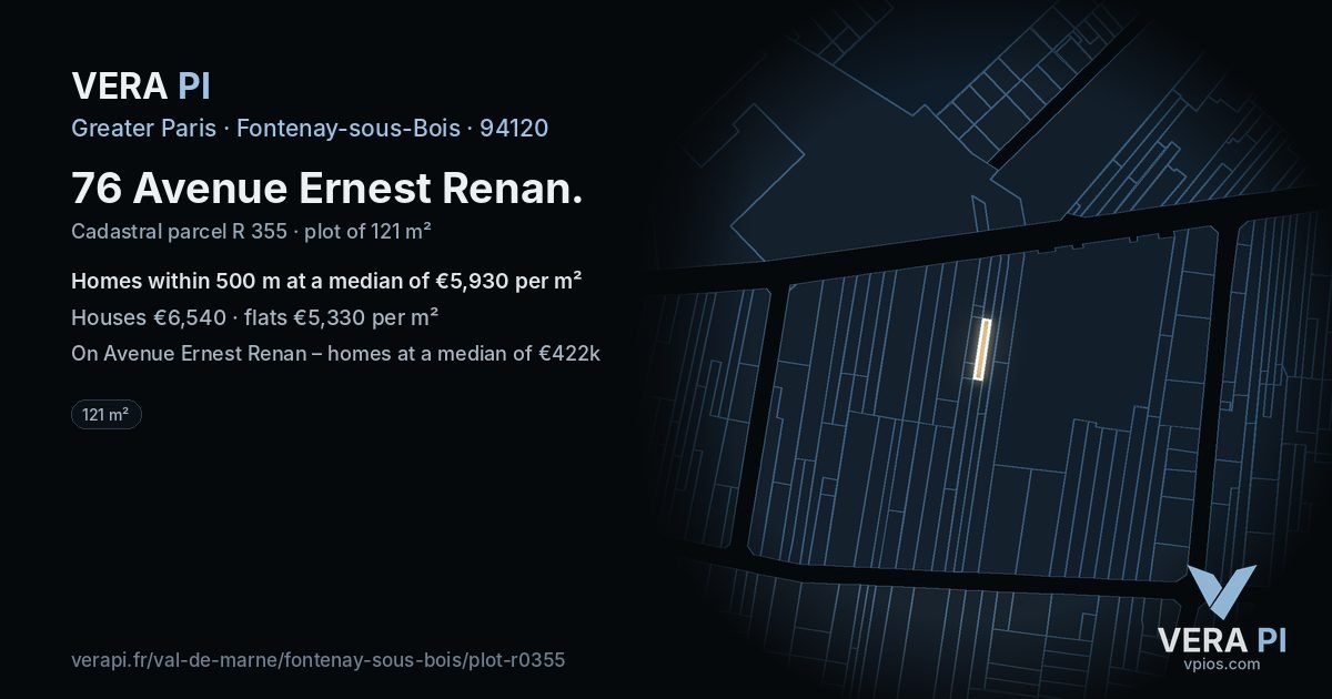 76 Avenue Ernest Renan, Fontenay-sous-Bois at night – the plot lit, the parcels around coloured by the prices near them
