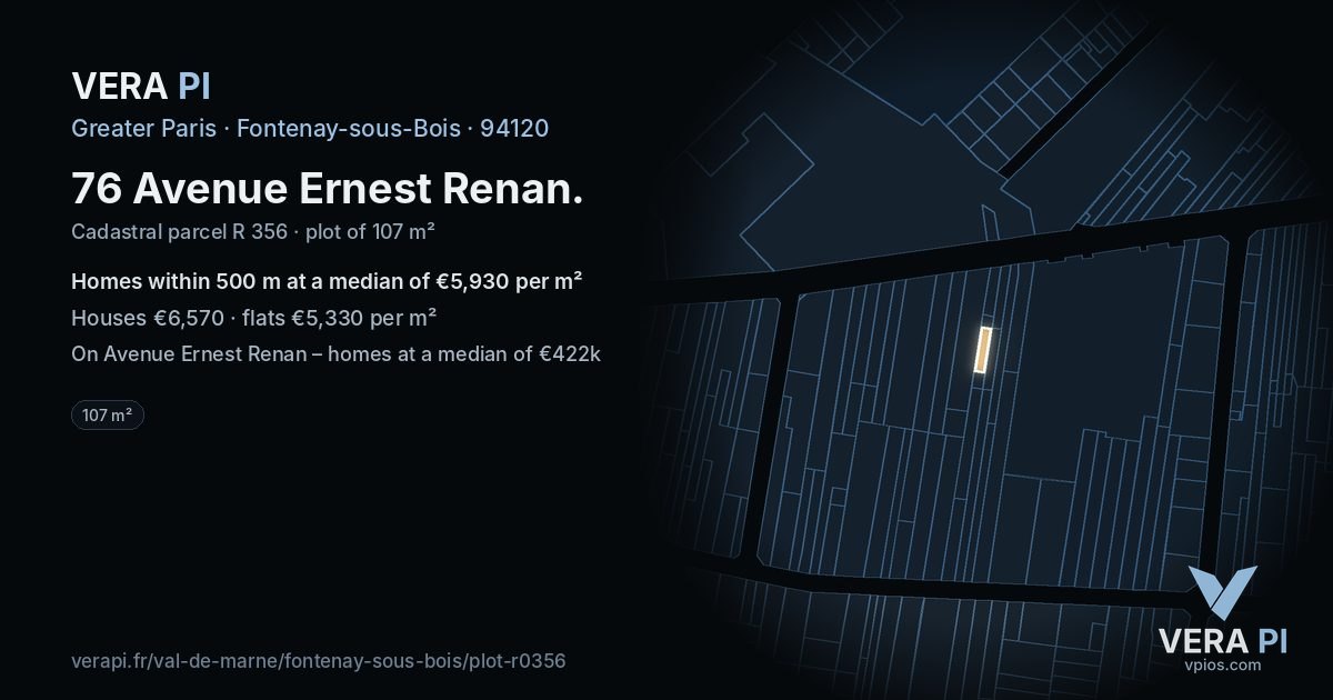 76 Avenue Ernest Renan, Fontenay-sous-Bois at night – the plot lit, the parcels around coloured by the prices near them