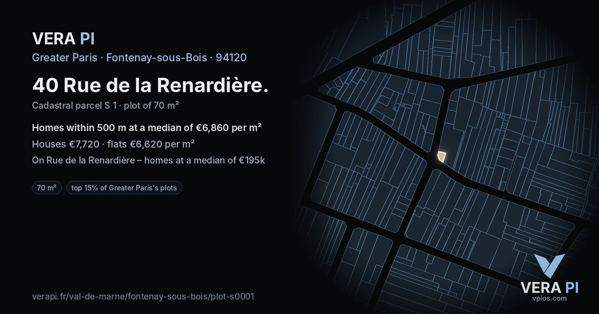 40 Rue de la Renardière, Fontenay-sous-Bois at night – the plot lit, the parcels around coloured by the prices near them