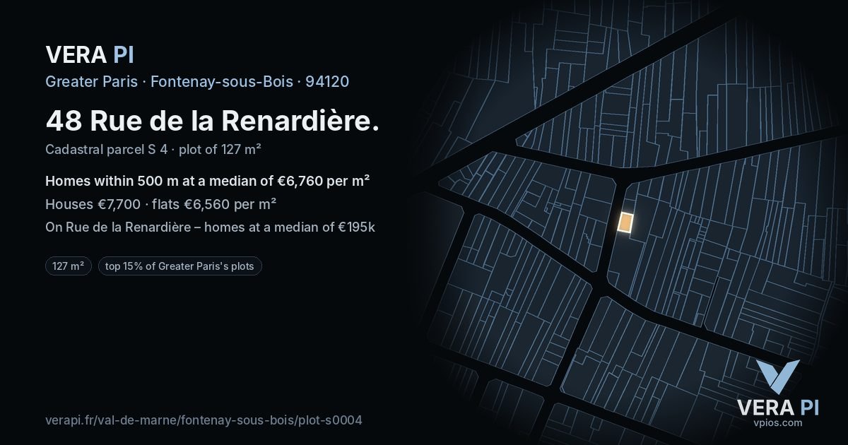 48 Rue de la Renardière, Fontenay-sous-Bois at night – the plot lit, the parcels around coloured by the prices near them