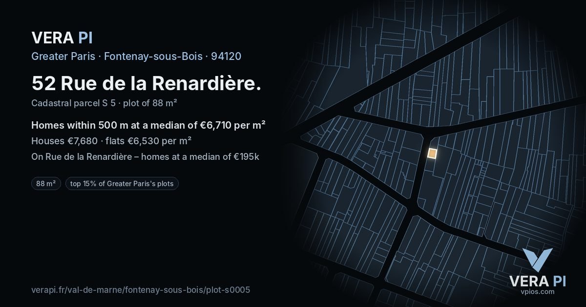 52 Rue de la Renardière, Fontenay-sous-Bois at night – the plot lit, the parcels around coloured by the prices near them