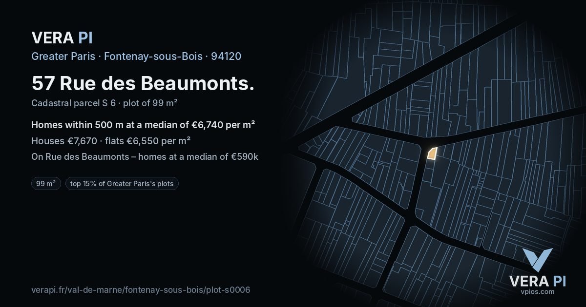 57 Rue des Beaumonts, Fontenay-sous-Bois at night – the plot lit, the parcels around coloured by the prices near them
