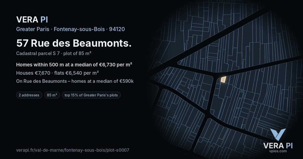57 Rue des Beaumonts, Fontenay-sous-Bois at night – the plot lit, the parcels around coloured by the prices near them
