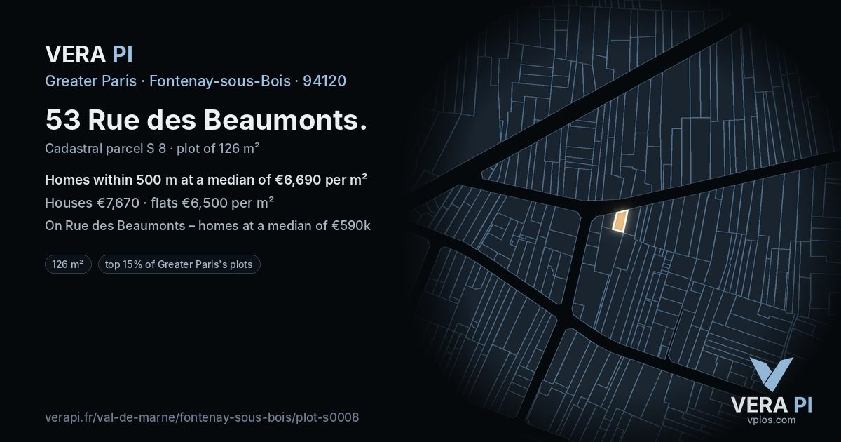 53 Rue des Beaumonts, Fontenay-sous-Bois at night – the plot lit, the parcels around coloured by the prices near them