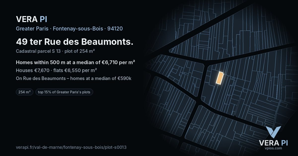 49 ter Rue des Beaumonts, Fontenay-sous-Bois at night – the plot lit, the parcels around coloured by the prices near them