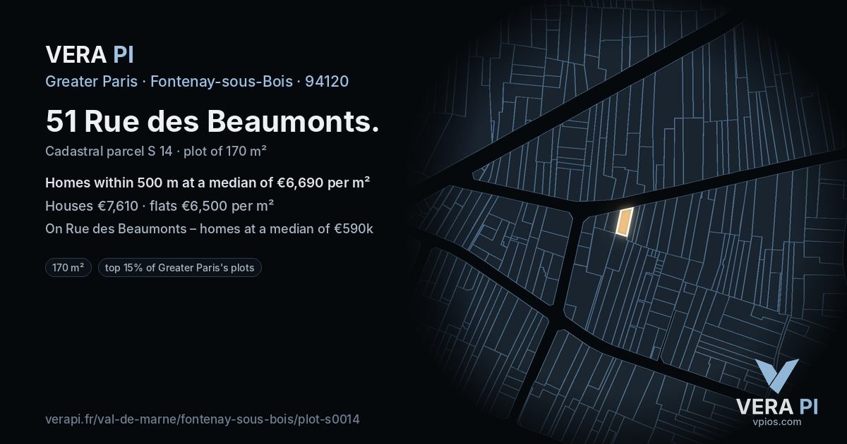51 Rue des Beaumonts, Fontenay-sous-Bois at night – the plot lit, the parcels around coloured by the prices near them