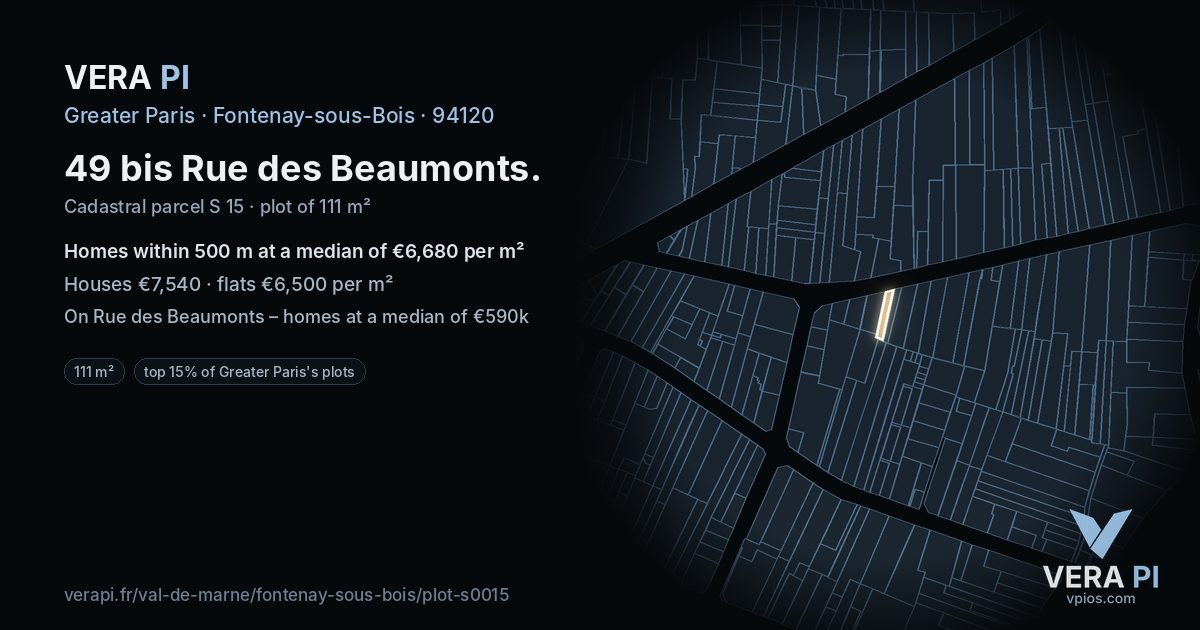 49 bis Rue des Beaumonts, Fontenay-sous-Bois at night – the plot lit, the parcels around coloured by the prices near them